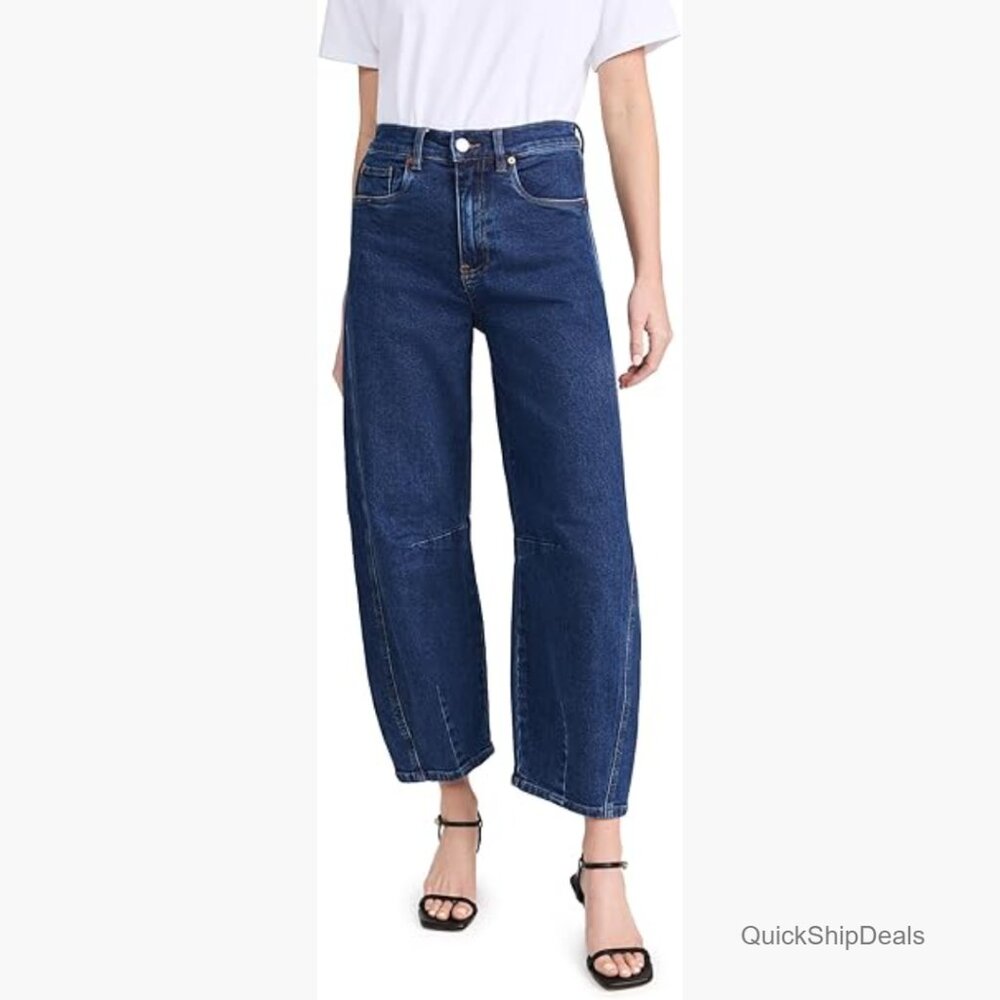 Mid-weight stretch denim jeans with darted knees, high rise barrel leg